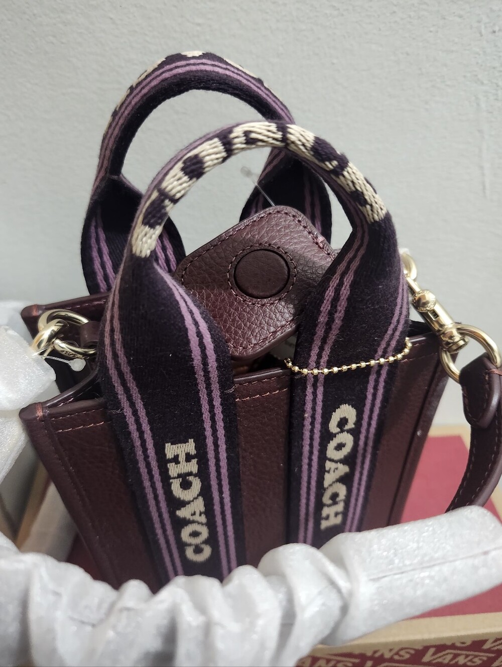 Coach Mini Tote in Burgundy with Striped Logo Strap